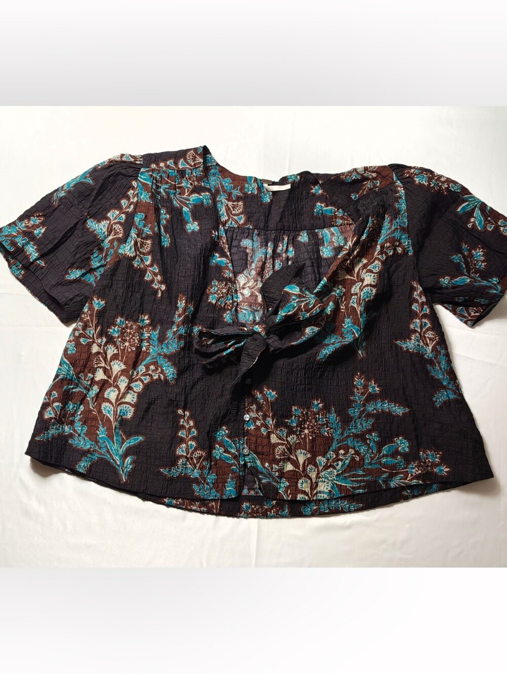 Free People Floral Crinkle Tie Front Blouse Small Brown Turquoise Boho Top - Picture 2 of 7